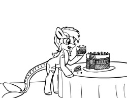 Size: 1280x989 | Tagged: safe, artist:warskunk, oc, oc only, oc:rainy skies, original species, shark pony, bipedal, bipedal leaning, birthday gift, cake, eating, female, food, leaning, mare, monochrome, simple background, solo, table, white background