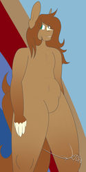 Size: 2600x5200 | Tagged: safe, artist:orion, oc, oc only, oc:orion tempest, anthro, belly, belly button, brown hair, chest fluff, cute, eyebrows, featureless crotch, freckles, heterochromia, long hair, long tail, signature, smiling, solo, thick