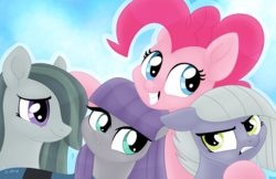 Size: 1280x828 | Tagged: safe, artist:karzii, limestone pie, marble pie, maud pie, pinkie pie, earth pony, pony, g4, female, hair over one eye, mare, pie sisters, siblings, sisters, smiling