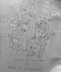 Size: 703x833 | Tagged: safe, artist:vavacung, queen chrysalis, changeling, earth pony, pegasus, pony, unicorn, g4, the mean 6, bust, clone six, cross-popping veins, female, traditional art