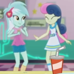 Size: 490x490 | Tagged: safe, screencap, bon bon, lyra heartstrings, sweetie drops, equestria girls, g4, my little pony equestria girls: better together, pinkie pie: snack psychic, cropped, dancing