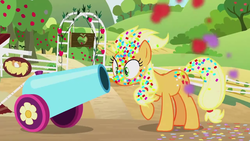 Size: 1280x720 | Tagged: safe, screencap, applejack, earth pony, pony, g4, yakity-sax, confetti, party cannon, silly, silly pony, sweet apple acres, who's a silly pony