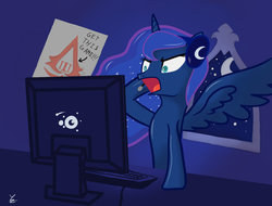 Size: 1024x780 | Tagged: safe, artist:wyezee, princess luna, alicorn, pony, gamer luna, g4, assassin's creed, computer, female, mare, missing accessory, rage, solo, yelling