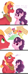 Size: 1000x2666 | Tagged: safe, artist:dstears, artist:jbond, color edit, edit, apple bloom, big macintosh, scootaloo, sugar belle, sweetie belle, earth pony, pegasus, pony, unicorn, g4, hard to say anything, apple bloom the shipper, bad advice, colored, comic, cutie mark crusaders, cutie ship crusaders, dialogue, female, filly, foal, male, mare, painting, scootaloo the shipper, ship:sugarmac, shipper on deck, shipping, sign, simple background, simpsons did it, stallion, straight, sweetie the shipper, swiggity swooty, text, the simpsons, white background