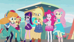 Size: 800x450 | Tagged: safe, screencap, alizarin bubblegum, applejack, fluttershy, ginger owlseye, megan williams, pinkie pie, rainbow dash, rarity, sci-twi, sunset shimmer, twilight sparkle, vignette valencia, alicorn, equestria girls, equestria girls series, g4, rollercoaster of friendship, yakity-sax, animated, applejack's hat, background human, beauty mark, cellphone, cowboy hat, female, g1 to equestria girls, generation leap, geode of fauna, geode of shielding, geode of sugar bombs, geode of super speed, geode of super strength, hat, hot air balloon, humane five, humane seven, humane six, magical geodes, me my selfie and i, phone, ponied up, sci-twilicorn, selfie, smartphone, super ponied up, twilight sparkle (alicorn), twinkling balloon, yakyakistan