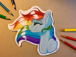 Size: 3618x2685 | Tagged: safe, artist:emberslament, rainbow dash, pony, g4, bust, colored pencil drawing, colored pencils, cute, eyes closed, female, happy, high res, mare, photo, smiling, solo, traditional art