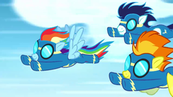 Size: 1280x720 | Tagged: safe, screencap, rainbow dash, soarin', spitfire, g4, yakity-sax, clothes, goggles, uniform, wonderbolts uniform