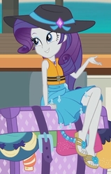 Size: 1336x2100 | Tagged: safe, screencap, rarity, equestria girls, equestria girls series, g4, the salty sails, clothes, cropped, crossed legs, cute, feet, female, flip-flops, hat, legs, lifejacket, raribetes, rarity's blue sarong, sandals, sarong, sexy, solo, sun hat, swimsuit