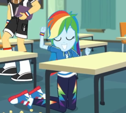 Size: 807x724 | Tagged: safe, screencap, rainbow dash, teddy t. touchdown, equestria girls, g4, my little pony equestria girls: better together, the last day of school, cropped, eyes closed, female, geode of super speed, magical geodes, male, offscreen character