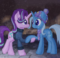 Size: 2850x2750 | Tagged: safe, artist:litrojia, starlight glimmer, trixie, pony, unicorn, g4, clothes, cute, diatrixes, duo, duo female, female, glimmerbetes, hat, high res, holding hooves, lesbian, looking at each other, mare, night, scarf, ship:startrix, shipping, snow, sweater, winter