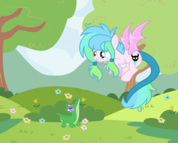 Size: 2502x2015 | Tagged: safe, artist:chococakebabe, gummy, oc, oc:fairie box, bat pony, pony, g4, female, flower, high res, mare, tree