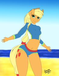 Size: 2481x3180 | Tagged: safe, artist:salamishowdown, applejack, earth pony, anthro, plantigrade anthro, g4, beach, belly button, clothes, female, high res, midriff, simple background, solo, swimsuit