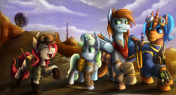 Size: 3357x1819 | Tagged: safe, artist:jamescorck, oc, oc only, oc:appleale, oc:eissen, oc:sorren, oc:sweetwater, earth pony, pegasus, pony, unicorn, fallout equestria, bandana, clothes, comic, desert, detailed background, digital art, earth pony oc, eyes closed, fallout, fanfic, fanfic art, female, filly, foal, goggles, goggles on head, group, gun, hat, hooves, horn, jumpsuit, laughing, magic, male, mare, open mouth, pegasus oc, pipbuck, saddle bag, smiling, smirk, stallion, tail, the hopeful four, unicorn oc, vault suit, walking, wasteland, weapon, wings