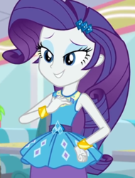 Size: 819x1079 | Tagged: safe, screencap, rarity, equestria girls, g4, my little pony equestria girls: better together, pinkie pie: snack psychic, bedroom eyes, bracelet, cropped, female, geode of shielding, i can fix this, jewelry, magical geodes, necklace, rarity peplum dress, sleeveless, smiling