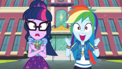 Size: 1920x1080 | Tagged: safe, screencap, rainbow dash, sci-twi, twilight sparkle, equestria girls, g4, my little pony equestria girls: better together, the last day of school, female, geode of super speed, looking at you, magical geodes, shocked, smiling, varying degrees of want