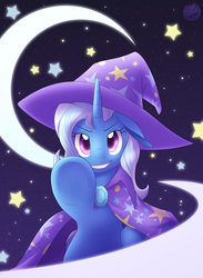 Size: 802x1096 | Tagged: safe, artist:skyheavens, trixie, pony, unicorn, g4, cape, clothes, female, hat, mare, pointing, pointing at you, solo, space, stars, trixie's cape, trixie's hat