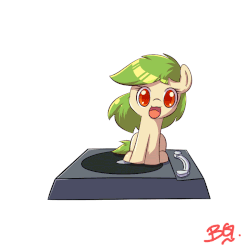 Size: 1024x1024 | Tagged: safe, artist:tikrs007, artist:valcron, edit, oc, oc:green cracker, pony, g4, animated, chibi, cute, cutie mark, female, filly, foal, frame by frame, gif, open mouth, record player, simple background, sitting, solo, spinning, turntable, turntable pony, white background, you spin me right round