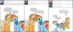 Size: 1812x808 | Tagged: safe, artist:dekomaru, applejack, rainbow dash, earth pony, pegasus, pony, tumblr:ask twixie, g4, ask, comic, female, lesbian, ship:appledash, shipping, terror, tumblr