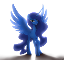 Size: 2100x2000 | Tagged: safe, artist:brisineo, oc, oc only, oc:eos, alicorn, pony, fallout equestria, fallout equestria: broken bonds, alicorn oc, artificial alicorn, backlighting, bedroom eyes, blue alicorn (fo:e), fanfic, fanfic art, female, grin, high res, hooves, horn, lens flare, looking at you, mare, raised hoof, simple background, smiling, solo, spread wings, teeth, transparent wings, white background, wings