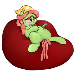 Size: 1250x1250 | Tagged: safe, artist:neighday, edit, tree hugger, earth pony, pony, g4, bandana, beanbag chair, belly, belly button, bong, dock, dreadlocks, drugs, female, high, mare, marijuana, open mouth, red eyes, simple background, smiling, solo, spread legs, spreading, white background