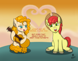 Size: 1400x1100 | Tagged: safe, artist:jazzytyfighter, bright mac, pear butter, earth pony, pony, g4, anime, couple, disney, duet, female, guitar, kingdom hearts, male, reference, romantic, ship:brightbutter, shipping, simple and clean, song, song reference, straight