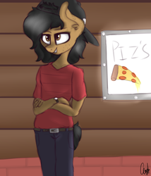 Size: 3000x3500 | Tagged: safe, artist:claudearts, oc, oc only, oc:sketcher, anthro, plantigrade anthro, backwards ballcap, baseball cap, belt, cap, clothes, crossed arms, food, freckles, hat, high res, jeans, meat, pants, pepperoni, pepperoni pizza, pizza, solo, watch