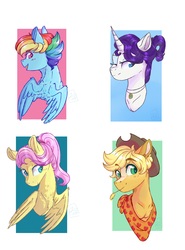 Size: 2403x3241 | Tagged: safe, artist:yomitai, applejack, fluttershy, rainbow dash, rarity, pony, g4, alternate hairstyle, bust, female, hay stalk, high res, one eye closed, portrait, straw in mouth, wink