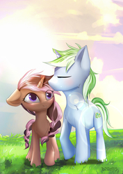 Size: 1500x2116 | Tagged: safe, artist:20zf15, artist:b20zf15, oc, oc:aria stone, oc:trailbreaker, pony, unicorn, braid, braided tail, cheek kiss, commission, couple, cute, female, in love, kissing, love, male, straight, ych example, ych result