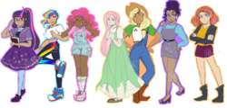 Size: 2605x1254 | Tagged: safe, artist:nichroniclesvsart, applejack, fluttershy, pinkie pie, rainbow dash, rarity, sci-twi, sunset shimmer, twilight sparkle, human, equestria girls, g4, book, clothes, converse, dark skin, diversity, dress, female, humane five, humane seven, humane six, jacket, leather jacket, overalls, shoes, shorts, simple background, sneakers, white background