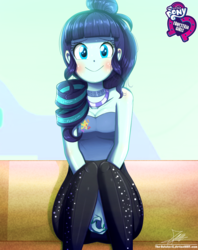 Size: 920x1160 | Tagged: safe, artist:the-butch-x, part of a set, coloratura, equestria girls, g4, blushing, breasts, butch's hello, choker, cleavage, clothes, commission, cute, equestria girls logo, female, looking at you, nervous, pants, rara, rarabetes, signature, sitting, smiling, solo, sweat, yoga pants