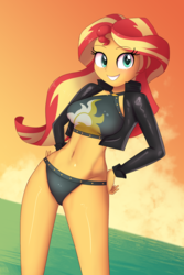 Size: 1280x1920 | Tagged: safe, alternate version, artist:zelc-face, edit, sunset shimmer, human, zelc-face's swimsuits, equestria girls, g4, adorasexy, beautiful, belly button, bikini, bikini bottom, black swimsuit, breasts, bubble, busty sunset shimmer, clothes, cute, cutie mark swimsuit, female, jacket, leather jacket, looking at you, midriff, sexy, shimmerbetes, smiling, solo, sunset, swimsuit, thighs, water