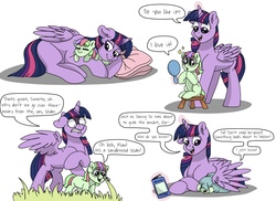 Size: 1971x1432 | Tagged: safe, artist:pastel-charms, twilight sparkle, oc, oc:pansy everfree, alicorn, earth pony, pony, g4, adopted offspring, blanket, book, cuddling, female, filly, glasses, magic, mother and daughter, parent:twilight sparkle, simple background, twilight sparkle (alicorn), white background