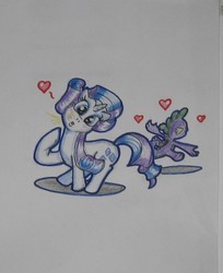 Size: 469x574 | Tagged: safe, artist:hillbe, rarity, spike, g4, blushing, female, heart, male, ship:sparity, shipping, straight, traditional art