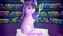 Size: 6096x3429 | Tagged: safe, artist:exxticcy, starlight glimmer, pony, g4, book, female, fluffy, pillow, sitting, solo