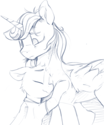 Size: 1624x1949 | Tagged: safe, artist:dimfann, oc, oc only, oc:dim, oc:romny hasagawa, alicorn, pony, duo, floppy ears, hug, monochrome, nuzzling, size difference, sketch, tired, worried