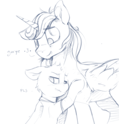 Size: 1867x1949 | Tagged: safe, artist:dimfann, oc, oc only, oc:dim, oc:romny hasagawa, alicorn, earth pony, pony, alicorn oc, bipedal, bipedal leaning, blushing, cheek fluff, chest fluff, chuckle, duo, floppy ears, fluffy, grayscale, horn, hug, kissy face, leaning, male, messy mane, monochrome, pls, simple background, size difference, sketch, smiling, stallion, tired, wavy mouth, white background, wing fluff, wings