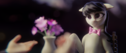 Size: 2560x1080 | Tagged: safe, artist:ohmudak, octavia melody, oc, oc:anon, earth pony, human, pony, g4, 3d, 3d model, blender, cgi, clothes, date, female, flower, male, mare, night, realistic, romantic, suit, uncanny valley, vase, wip