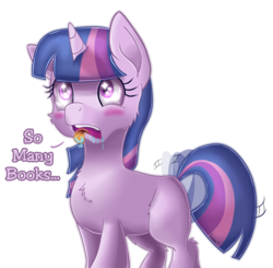Size: 1958x1918 | Tagged: safe, artist:sintakhra, twilight sparkle, pony, unicorn, g4, behaving like a dog, blank flank, blushing, book, bookhorse, drool, eye shimmer, female, filly, filly twilight sparkle, simple background, solo, tail wag, text, that pony sure does love books, tongue out, transparent background, twilight dog, unicorn twilight, younger