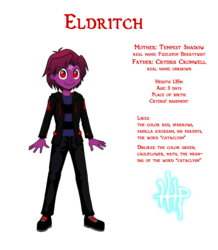 Size: 896x1028 | Tagged: safe, artist:crydius, oc, oc only, oc:eldritch, equestria girls, g4, my little pony: the movie, biography, clothes, crydiusshadow, glowing text, jacket, leather jacket, leather pants, leather shoes, looking at you, magical hetero spawn, male, no pupils, pants, parent:oc:crydius, parent:tempest shadow, parents:canon x oc, parents:crydiusshadow, shipping, simple background, smiling, solo, sweater, symbol, transparent background