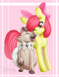 Size: 1024x1325 | Tagged: safe, artist:noodlefreak88, apple bloom, earth pony, pony, g4, bow, crossover, female, filly, hair bow, pokémon, rockruff, smiling, watermark