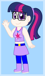 Size: 838x1418 | Tagged: safe, artist:geekcoffee, twilight sparkle, human, g4, alternate hairstyle, belly button, belt, blue background, boots, chibi, clothes, cute, female, glasses, humanized, jewelry, leggings, midriff, necklace, pantyhose, ponytail, shoes, simple background, skirt, solo, tank top