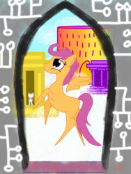 Size: 768x1024 | Tagged: safe, artist:sixes&sevens, derpibooru exclusive, scootaloo, pegasus, pony, fanfic:the legion of bronze, g4, circuit board, cloud, fanfic, fanfic art, fanfic cover, female, roman, temple