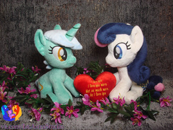 Size: 3072x2304 | Tagged: safe, artist:1stastrastudio, bon bon, lyra heartstrings, sweetie drops, earth pony, pony, unicorn, g4, female, flower, heart, high res, irl, lesbian, mare, photo, plushie, ship:lyrabon, shipping