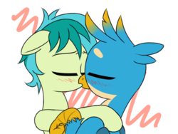 Size: 1024x768 | Tagged: safe, artist:rainbow-douch, gallus, sandbar, earth pony, griffon, pony, g4, blushing, duo, eyes closed, floppy ears, gay, interspecies, intimate, kissing, male, ship:gallbar, shipping, simple background, stallion, wings