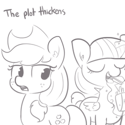 Size: 1650x1650 | Tagged: safe, artist:tjpones, applejack, twilight sparkle, alicorn, earth pony, pony, g4, cowboy hat, deadpan snarker, duo, duo female, eating, female, food, french fries, grayscale, hat, hay fries, mare, monochrome, overeating, simple background, sketch, stetson, the plot thickens, this will end in weight gain, twilight sparkle (alicorn), white background