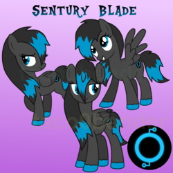 Size: 1080x1080 | Tagged: safe, artist:tacobender, oc, oc only, oc:sentury blade, pegasus, pony, black and blue, commission, cutie mark, female, gradient background, mare, solo, theme, tron, vector, wings