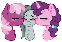 Size: 1068x724 | Tagged: safe, artist:geekcoffee, cheerilee, marble pie, sugar belle, earth pony, pony, unicorn, g4, blushing, cheek kiss, cheeribetes, chest fluff, cute, eyes closed, female, kiss sandwich, kissing, lesbian, marbelle, marbilee, marblebetes, mare, polyamory, polygamy, shipping, simple background, sugarbetes, sugarlee, sugarmarilee, trio, white background
