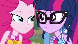 Size: 1280x720 | Tagged: safe, screencap, pinkie pie, sci-twi, twilight sparkle, equestria girls, friendship math, g4, my little pony equestria girls: better together, close-up, duo, duo female, female, geode of sugar bombs, geode of telekinesis, glasses, lidded eyes, looking at each other, unamused