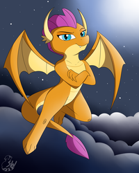 Size: 3200x4000 | Tagged: safe, artist:sugarwings-art, smolder, dragon, g4, crossed arms, dragoness, female, flying, looking at you, night, smiling, solo, stars