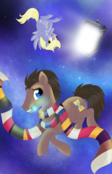 Size: 800x1236 | Tagged: safe, artist:karzii, derpy hooves, doctor whooves, time turner, earth pony, pegasus, pony, g4, clothes, cute, doctor who, female, male, mare, mouth hold, scarf, smiling, sonic screwdriver, stallion, tardis